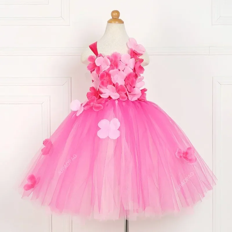 New Quality Pink Princess Flowers Petal Girl Wedding Dress Girls Tulle Fuffy Party Formal Dress Princess Tutu Dress Vestidos