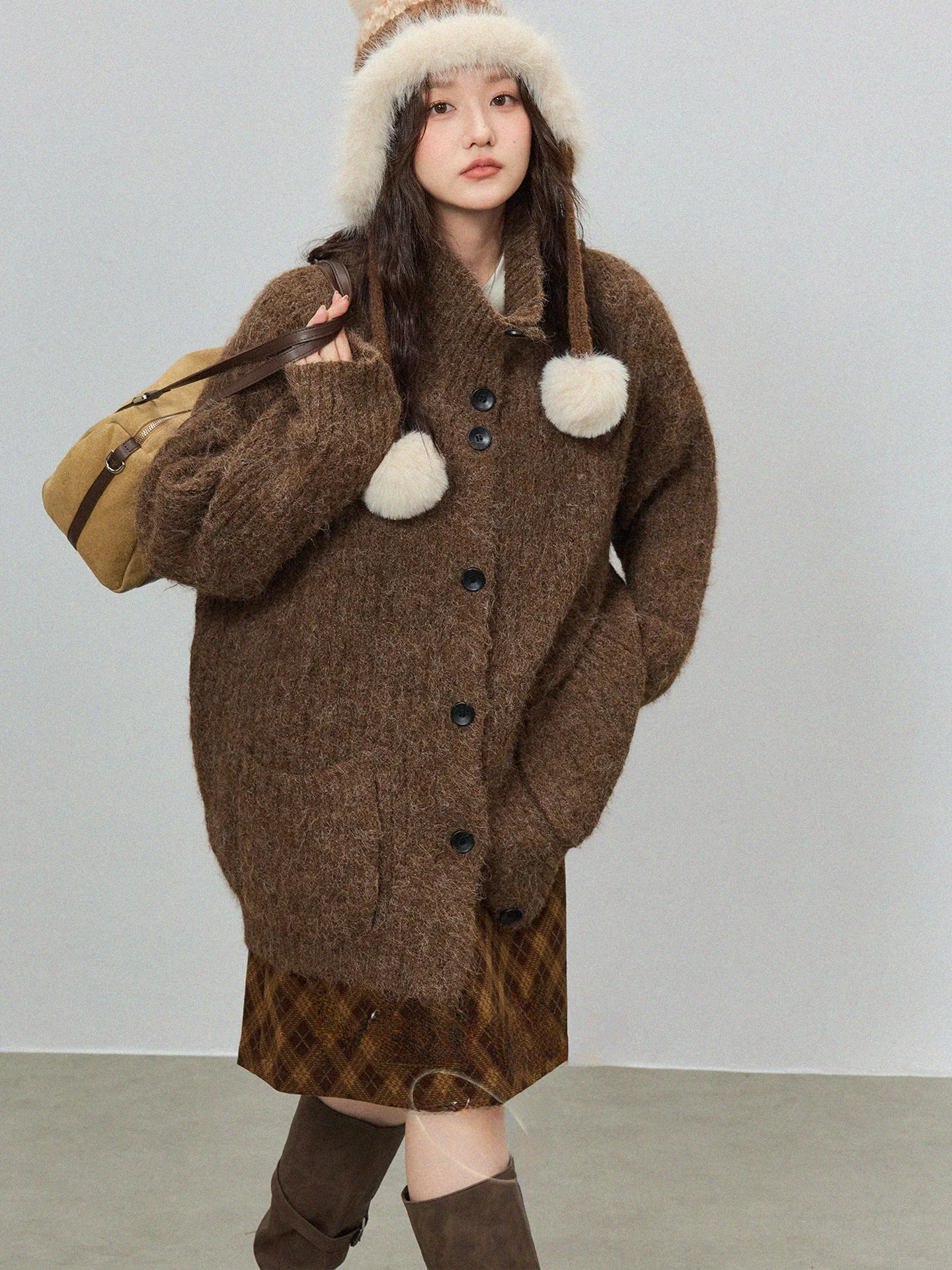 Cárdigan largo de punto para mujer de talla grande, color marrón, estilo coreano, para invierno, nuevo, para mujeres con forma de pera