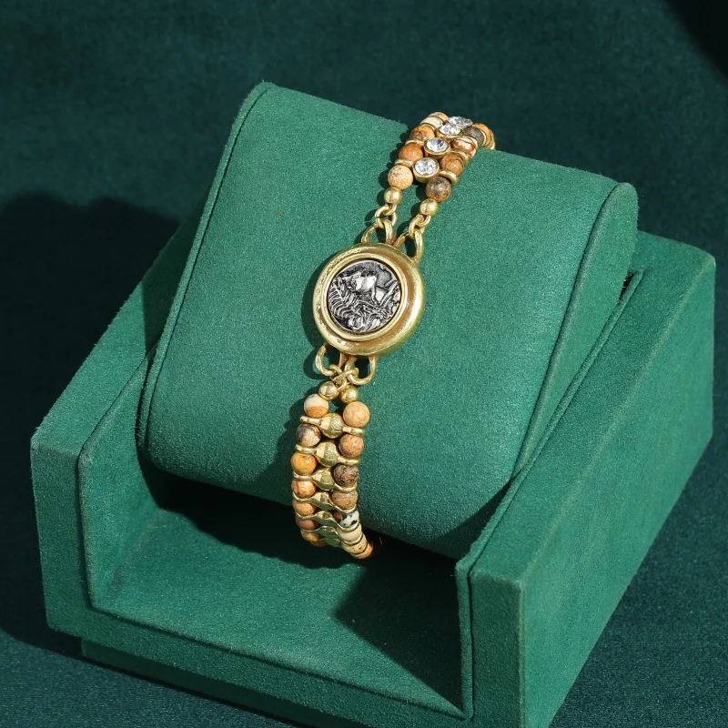 Vintage Antique Gold Plated Coin Beads Bracelets Strand Cameo Portrait Head Anniversary Natural Stone New Accessories Jewelry