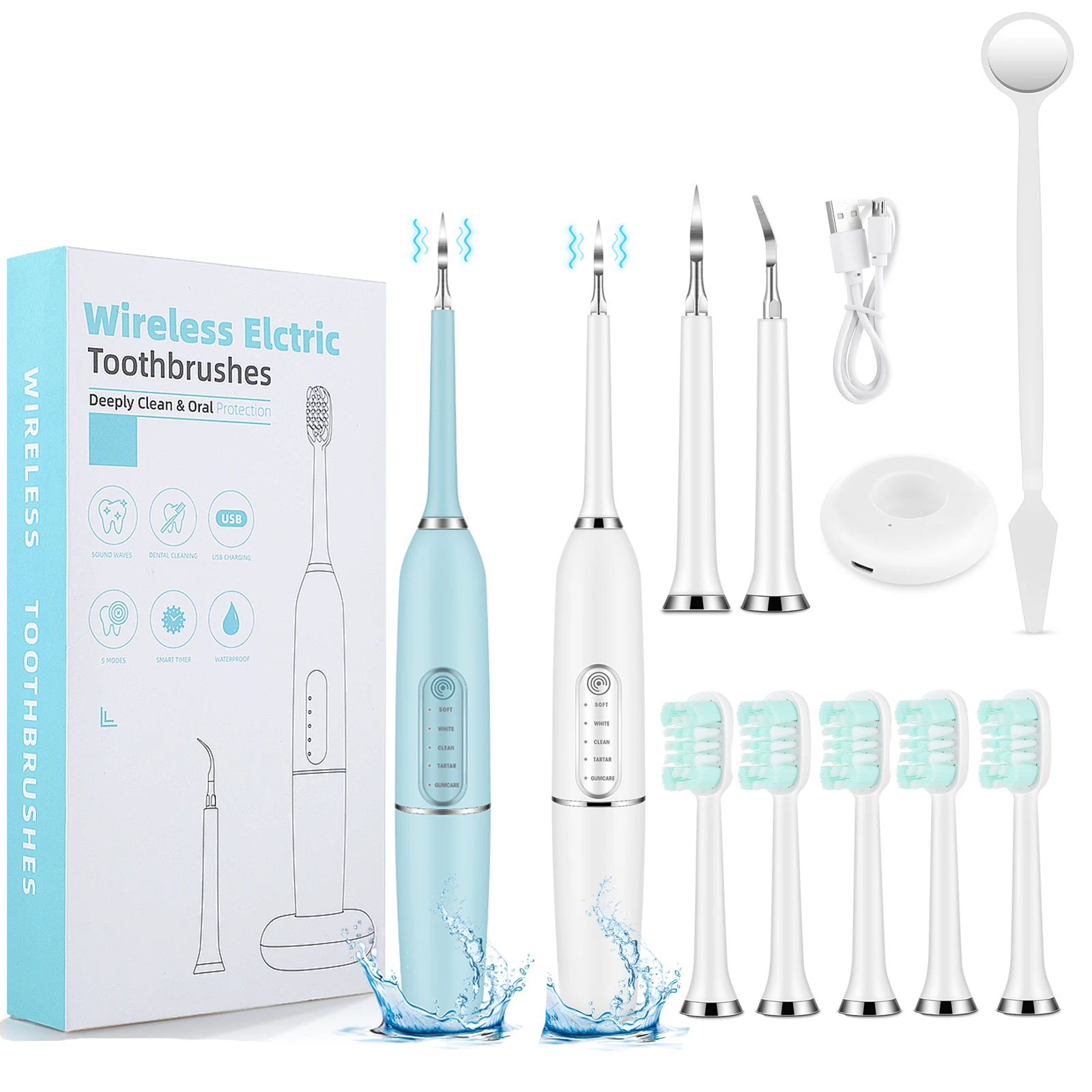 Electric Sonic Dental Scaler Toothbrush Stains Calculus Stone Tartar Remover Teeth Cleaner Whitening Tools 5PCE Brush Heads