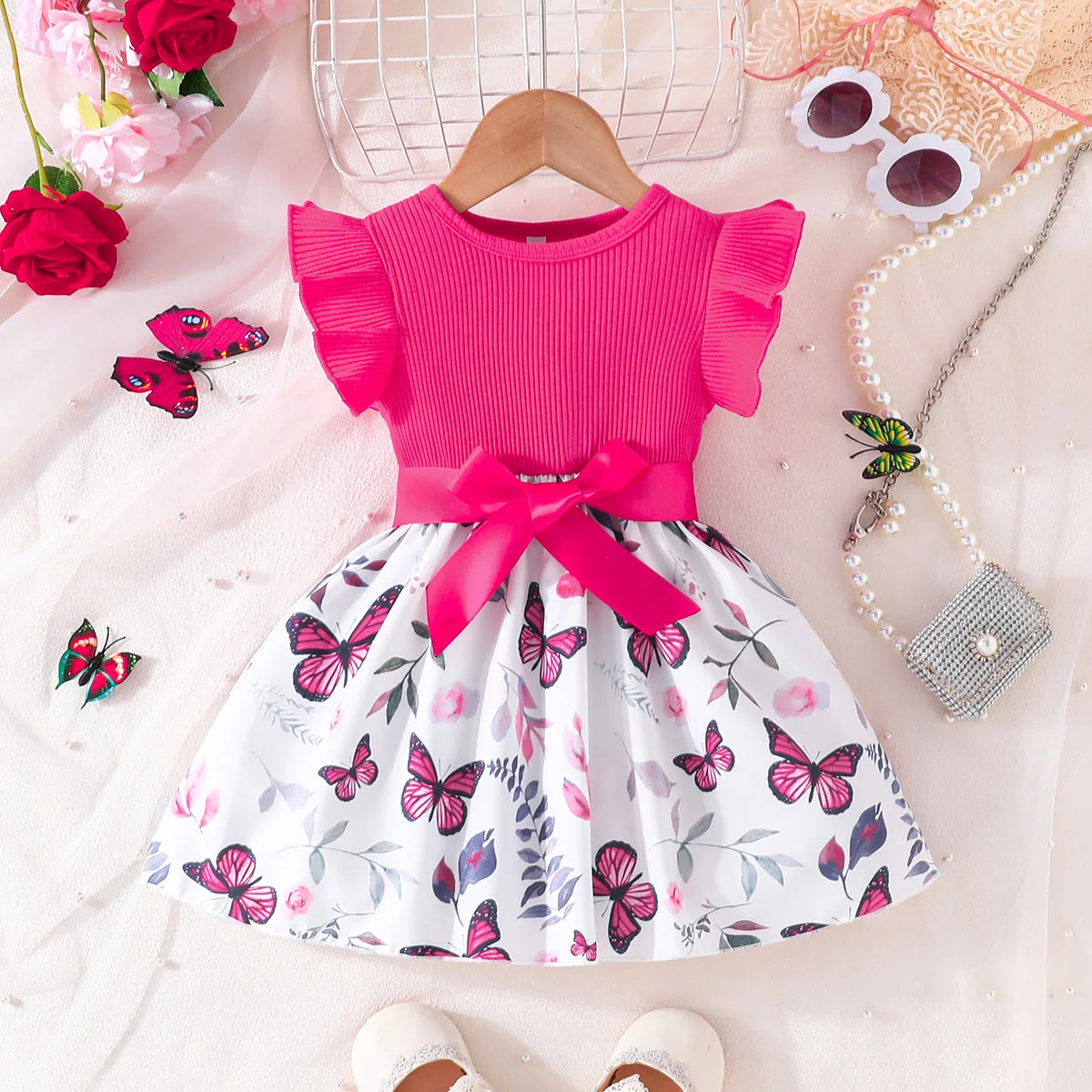 Dress For Kids 6-36 Months Cotton Ruffle Sleeve Cute Butterfly Floral Summer Princess Formal Dresses Ootd For Newborn Baby Girl