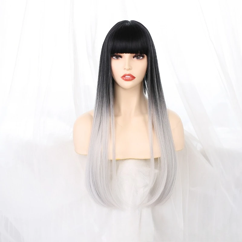 Wig female European and American long straight hair full head cover gradual change chemical fiber wig