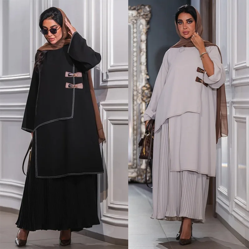 

Middle East Dubai Arabian Dress Abaya Fashion Pullover Pleated Long Sleeves Muslim Robe Leather Button Party Dress
