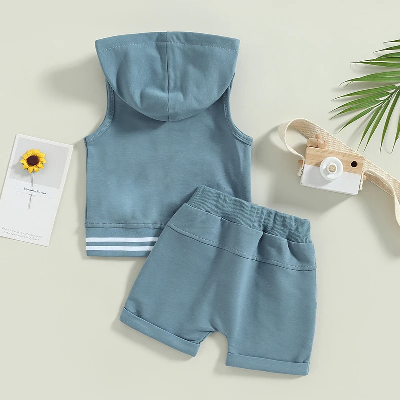 2023-02-04 Lioraitiin 0-3Years Toddler Boys 2Pcs Summer Outfit Sets Sleeveless Zipper Hoodie Solid Drawstring Shorts