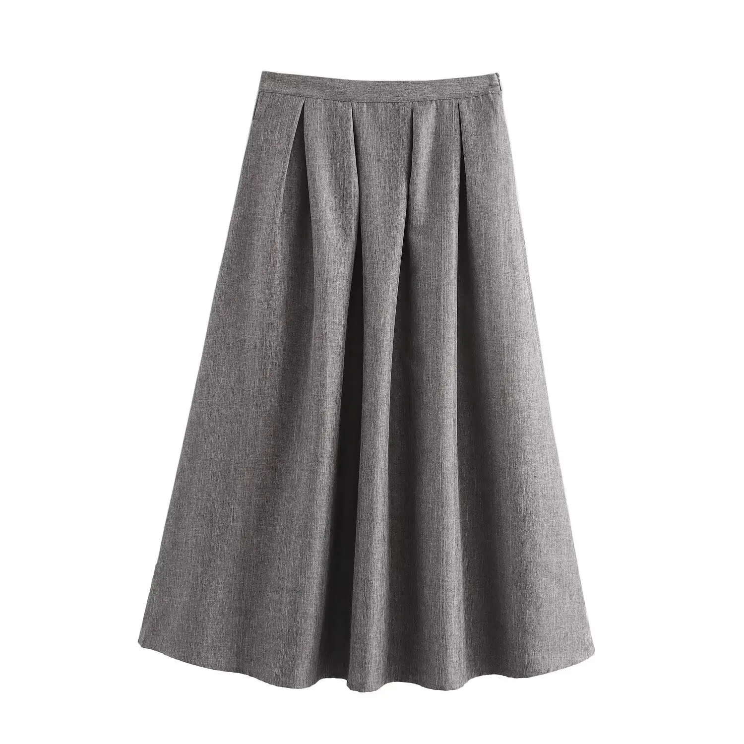 

TRAFZA Summer Female Elegant Solid Side Zipper Pleated Decorate Skirts Women College Wind Pocket A-Line High Street Midi Skirts