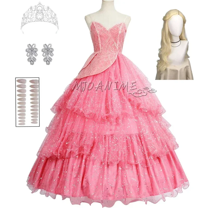 Em estoque glinda a bruxa cosplay traje vestido para mulheres adultas vestido rosa roleplay fantasia roupa halloween carnaval t