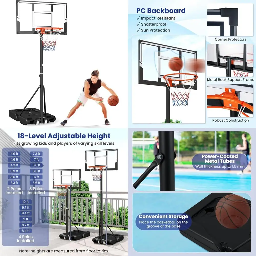 ポータブル屋外バスケットボールフープシステム、3.3～7フィートから10フィートまで調整可能、飛散防止PCバックボード、移動が容易なホイール付き