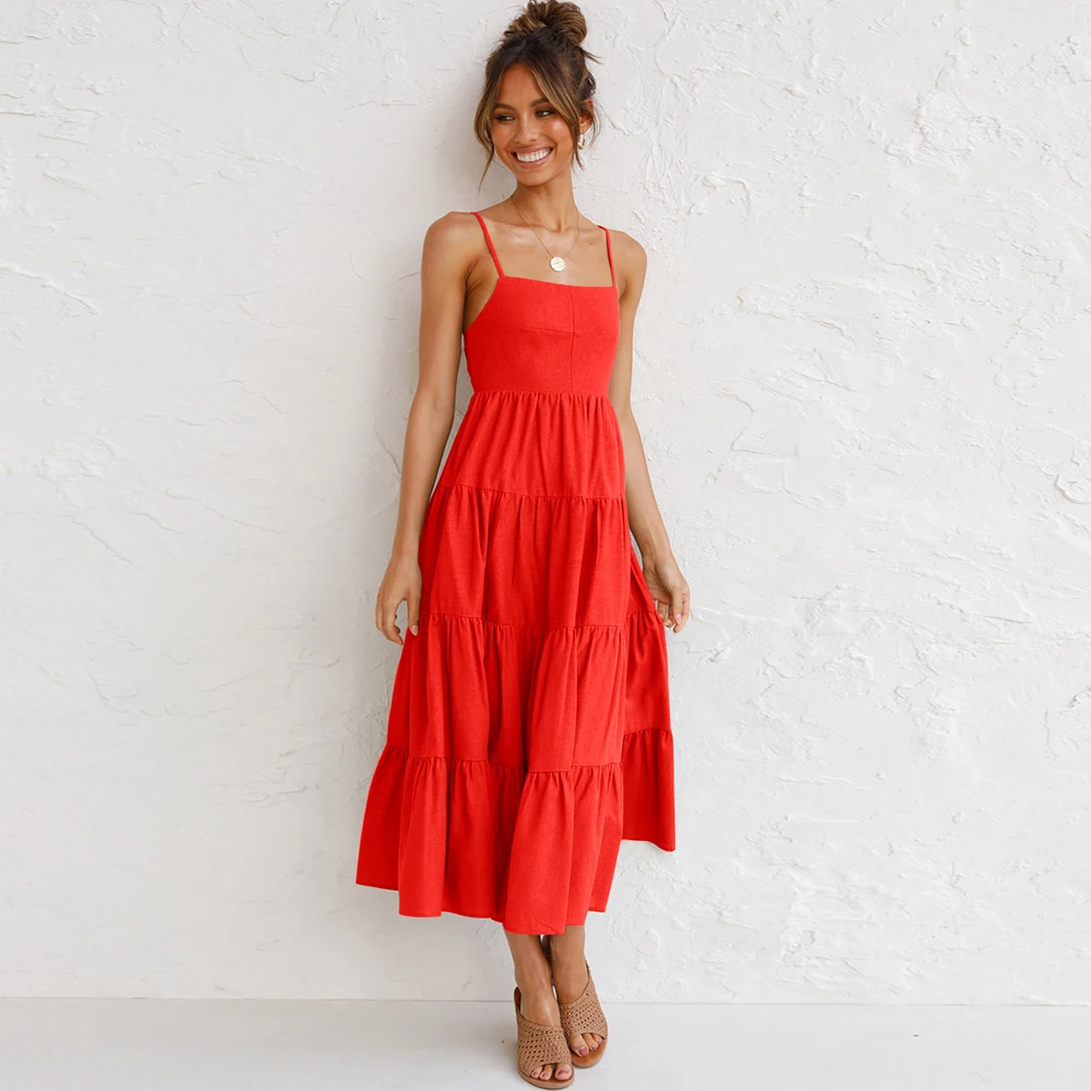 

Red Dress Women New Arrive Summer Strap Ruffles Backless Casual Mid-Calf Long Dresses Nice Sexy Sling Midi Vestido De Mujer