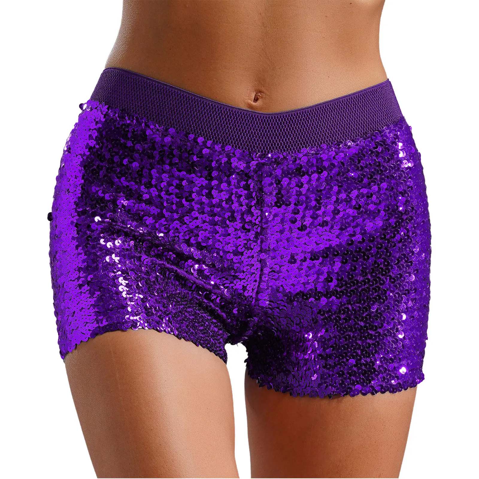 Pantaloncini da donna con paillettes lucide Pantaloni caldi Cintura elastica Pantaloncini a gamba dritta elasticizzati per Pole Dance Club Party Nightclubwear