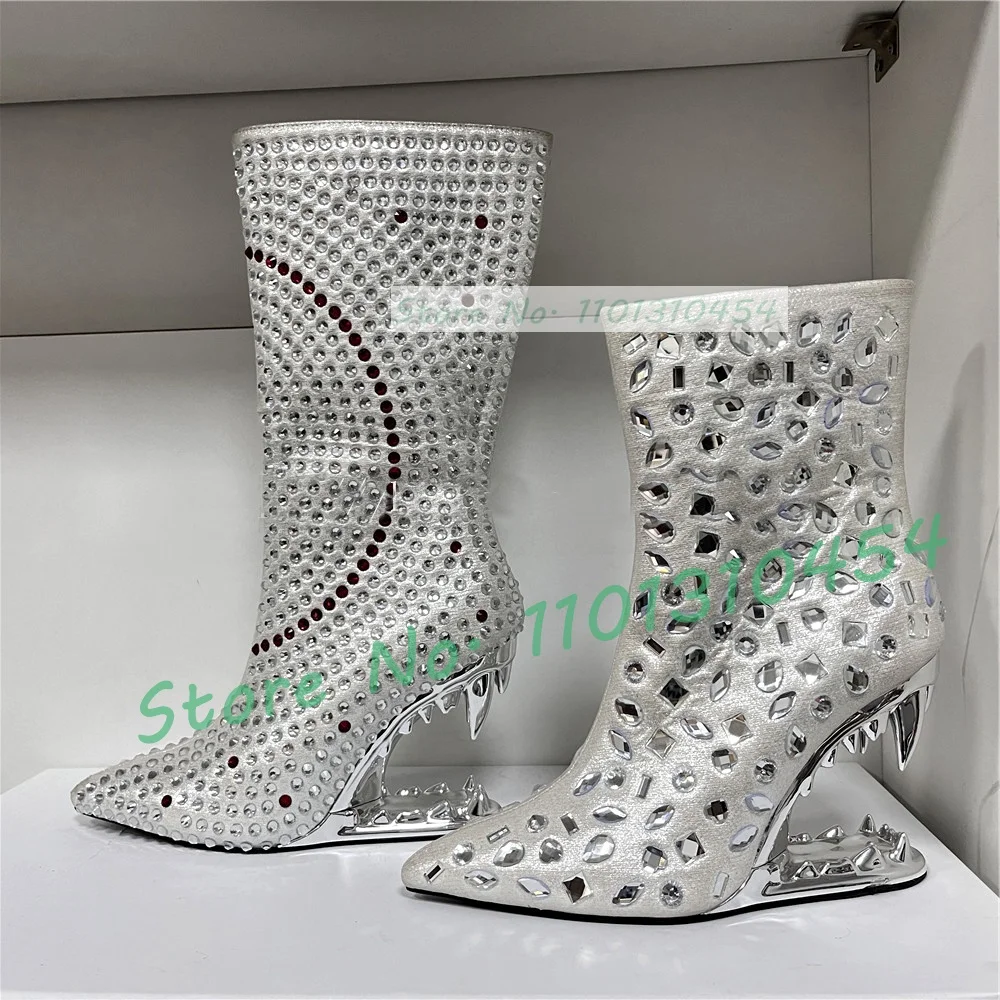 Silver Gems-set Toothed Heel Ankle Boots Women Trendy Chic Pointed Toe Sexy Booties Ladies Feminine Party Iridescence Shiny Shoe