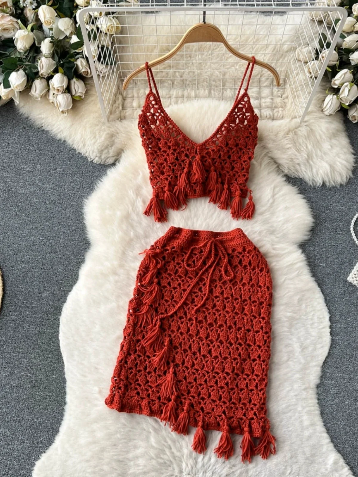 

n Hollow out Tassel V-Ne Wrap Bustier Top with Butt ort Skirt Two-Piece Set for Young Women Spring Summer Faion