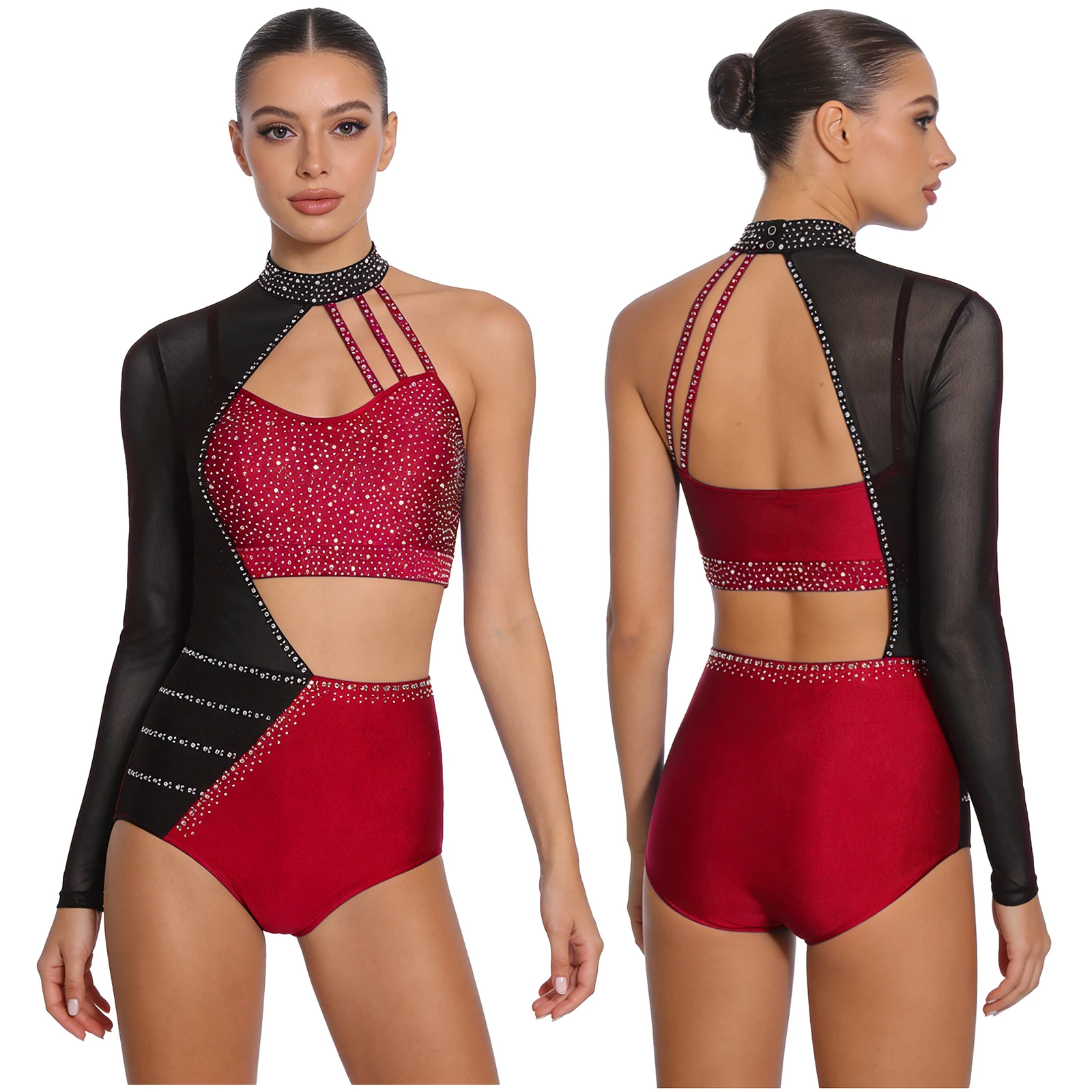 Rhythmic Gymnastics Leotard Bodysuit for Women Rhinestone Asymmetrical Hollow Out Jumpsuit Figure Skating Tango Chacha Dancewear