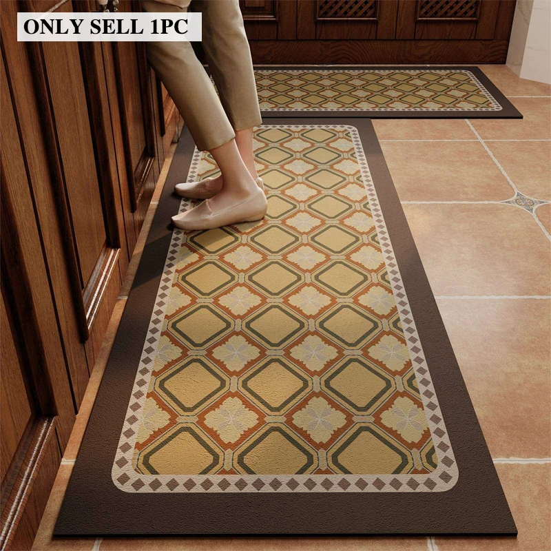 Kitchen Carpet PVC Waterproof Oil-proof Non-Slip Leather Floor Mat Retro Geometric Pattern Rug Long Size Home Decoration Carpets