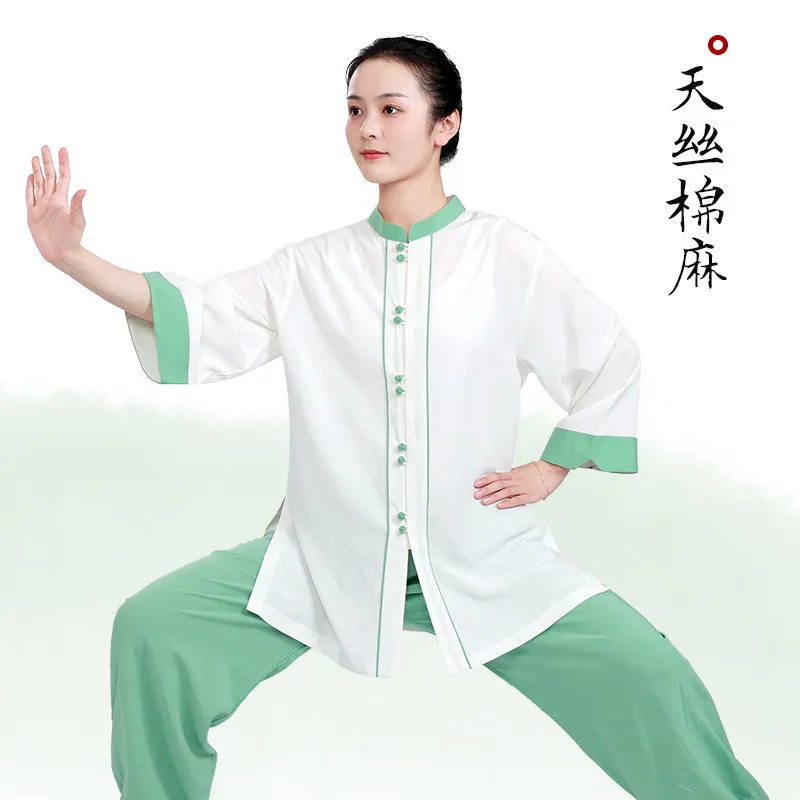 Martial Arts Tai Ji Suit Women's  Western Style Linen Cotton and Shadowboxing Exercise Clothing  Thin Eight-Section Brocade