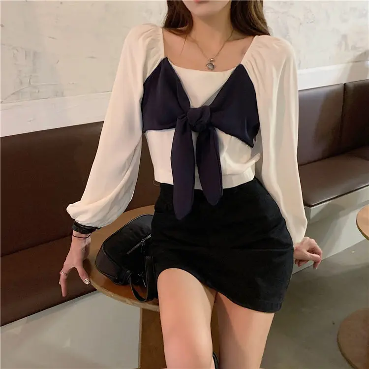 Autumn Contrasting Bow Tie Strap Square Collar Lantern Sleeve Long Sleeved Women's New Design Sense Top