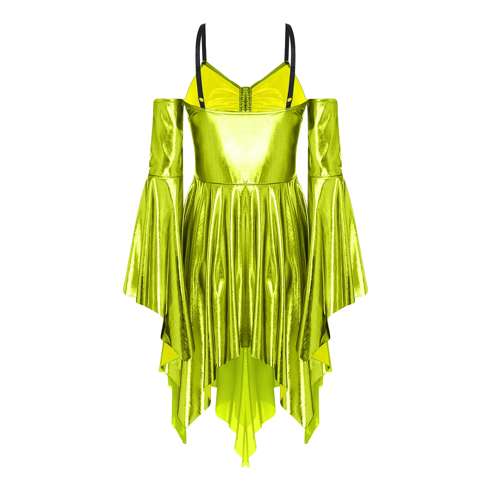 فستان كاميس نسائي معدني بكتف بارد وأكمام طويلة مع أصفاد واسعة فستان على شكل حرف a للحفلات والنوادي الليلية ملابس ذات مظهر عالي #4