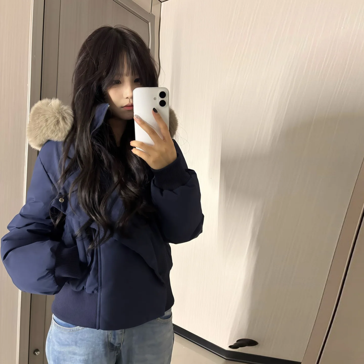 Gentle wind pink fur collar hooded cotton coat for women winter new Korean style thickened and warm short waisted cotton