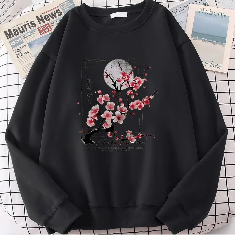 2026 frauen Hoodies Herbst Kirschblüten und Mond Gedruckt Muster Pullover Weiche Neue Hoodie Mode Sweatshirts Streetwear