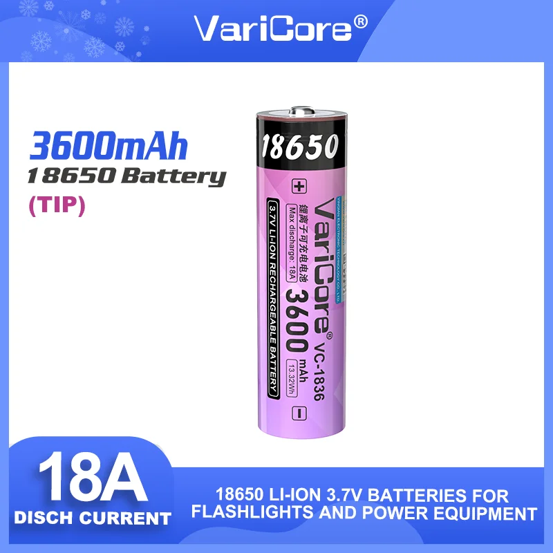 VariCore 新しいオリジナル VC-1836 + チップ 18650 バッテリー 3600mAh 3.7V 高ドレイン 18A リチウムイオン充電式懐中電灯 Vape パワーバンク用