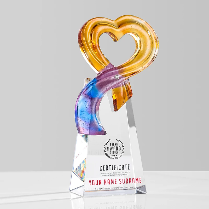 Customized High-end Love Coloured Glaze Crystal Trophy Excellent Staff Company Annual Meeting Award Decor Outstanding Medal, 1Pc