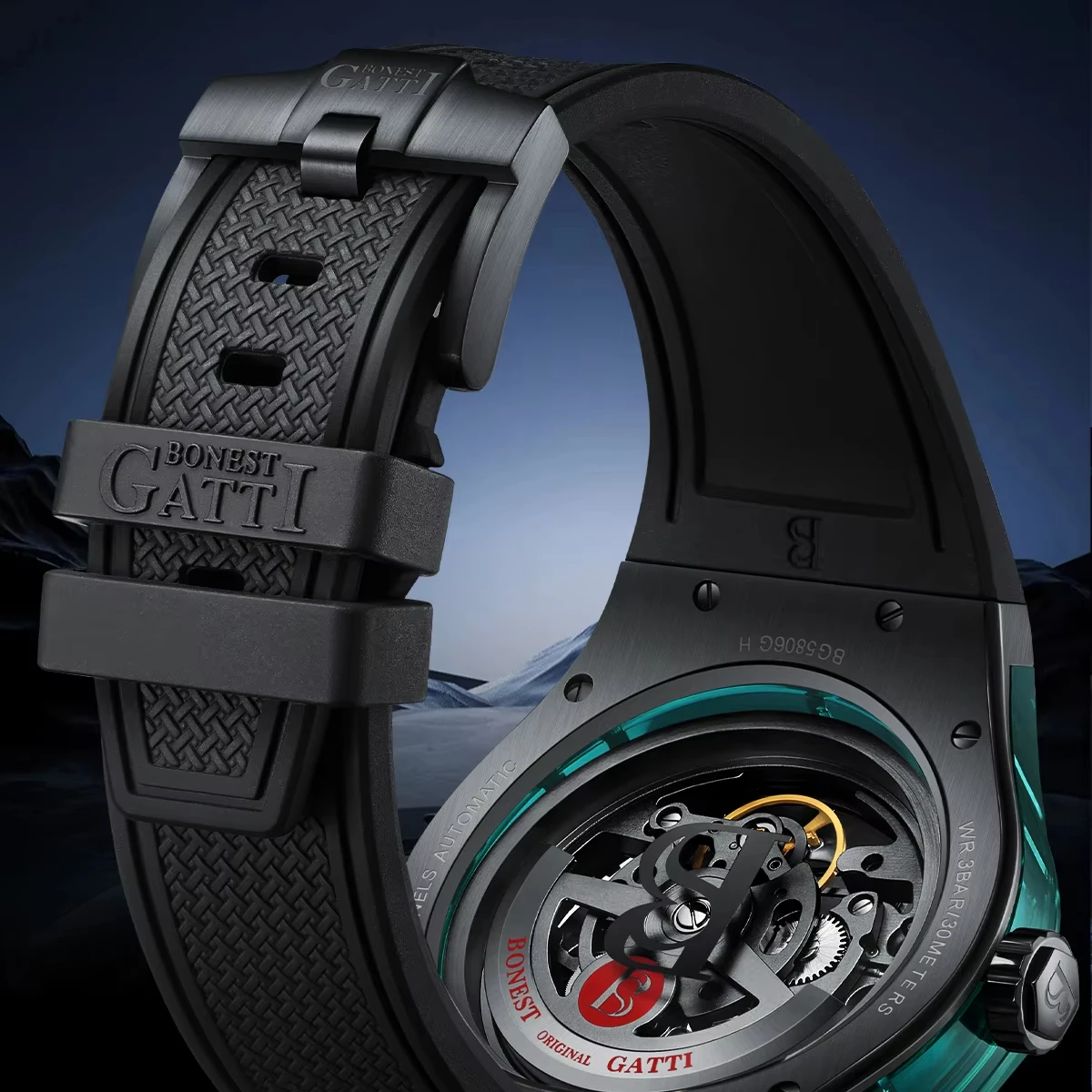BONEST GATTI Men Luxury Watch Crystal Case Rubber Strap Hollow Out Dial Automatic Mechanical Wristwatch