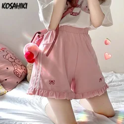 KOSAHIKI Kawaii Streetwear Bow Embroidery Elastic High Waist Wide Letg Shorts Women Summer Lolita Sweet Cute Ruffle Short Femme