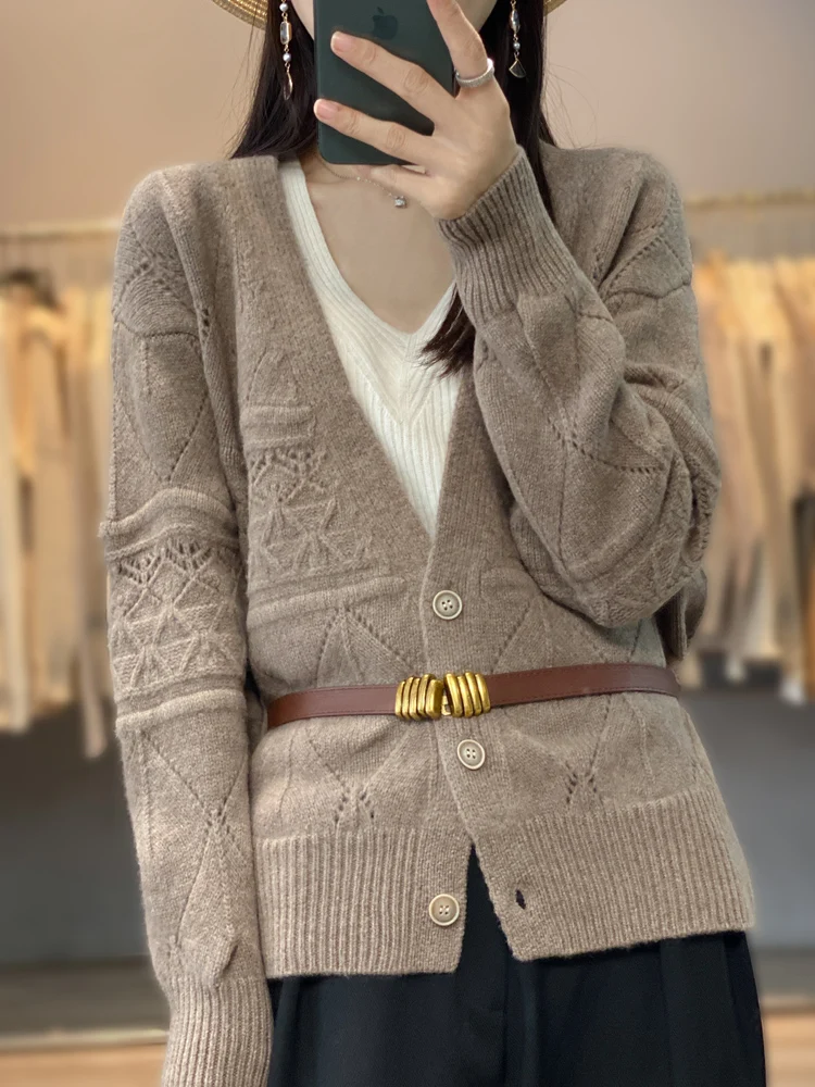 Korean Loose And Thick V-neck Cardigan Women 100% Merino Wool Long Sleeve Sweater Cardigan Fashion Cashmere Knit Top