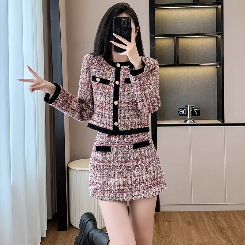 2025 Autumn And Winter New Purple Pink Hook Tweed Fragrance Suit Women's Fashion Temperament Jacket + Skirts