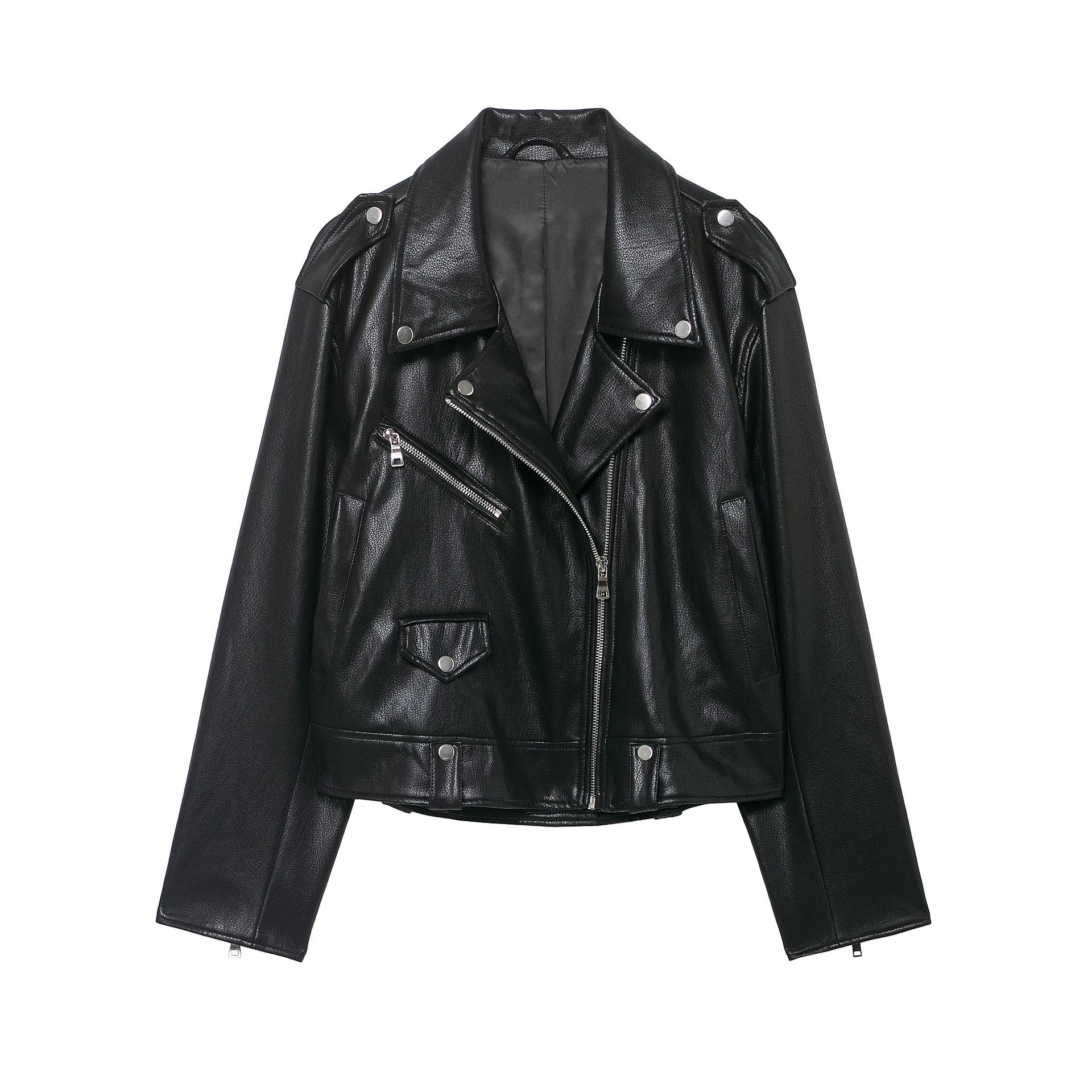 

KIDCRKJ Street Women Spring Leather Coat Black Spliced Turn Down Collar Female Pilot Jacket Instagram-Style Motorcycle Outwear