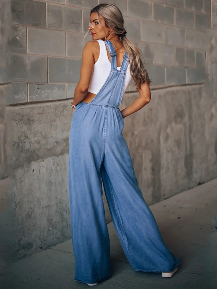 Dames Vintage Retro Denim Lange Jumpsuit Casual Spaghettibandje Rechte Romper Jarretelbroek Zomer Baggy Slabbetje Losse Overalls