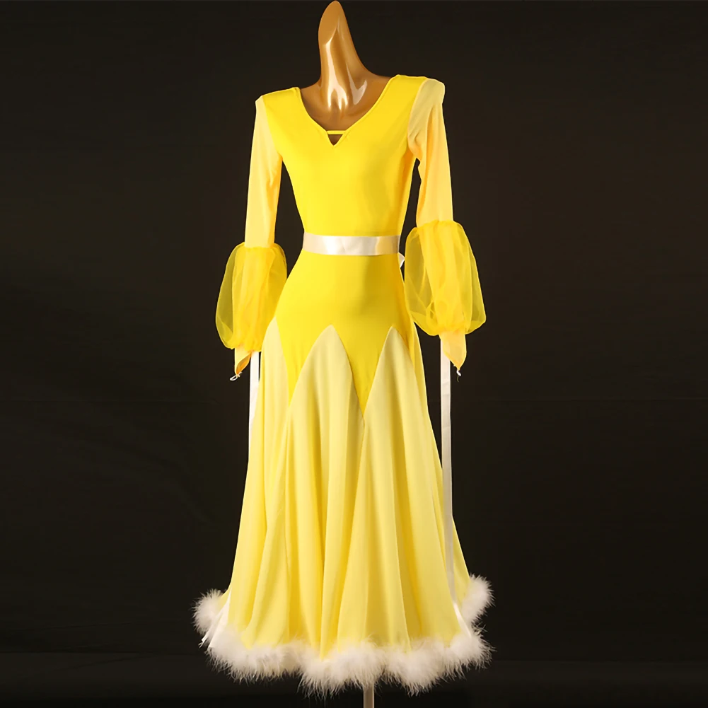 

Yellow Competition Ballroom Dance dress Standard Feather Dance Strap Puff Sleeve Clothing Women's Practice Clothes