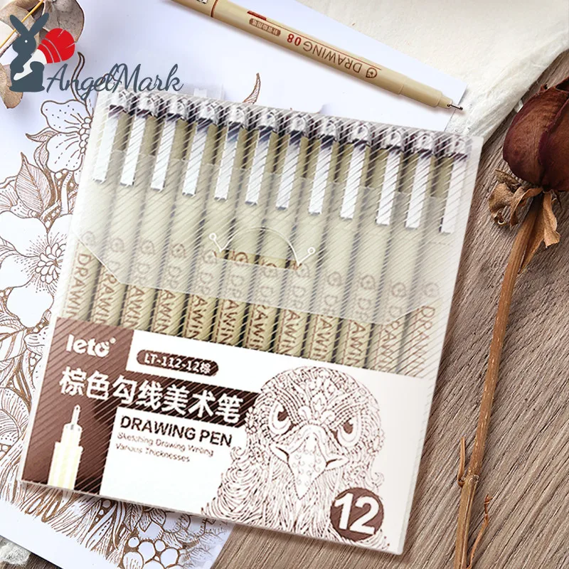 Brown Fine-Line Art Pens Needle Tip Markers 12pcs 0.15-3mm Comics Manga Precision Sketching Drawing pen waterproof  LT-112
