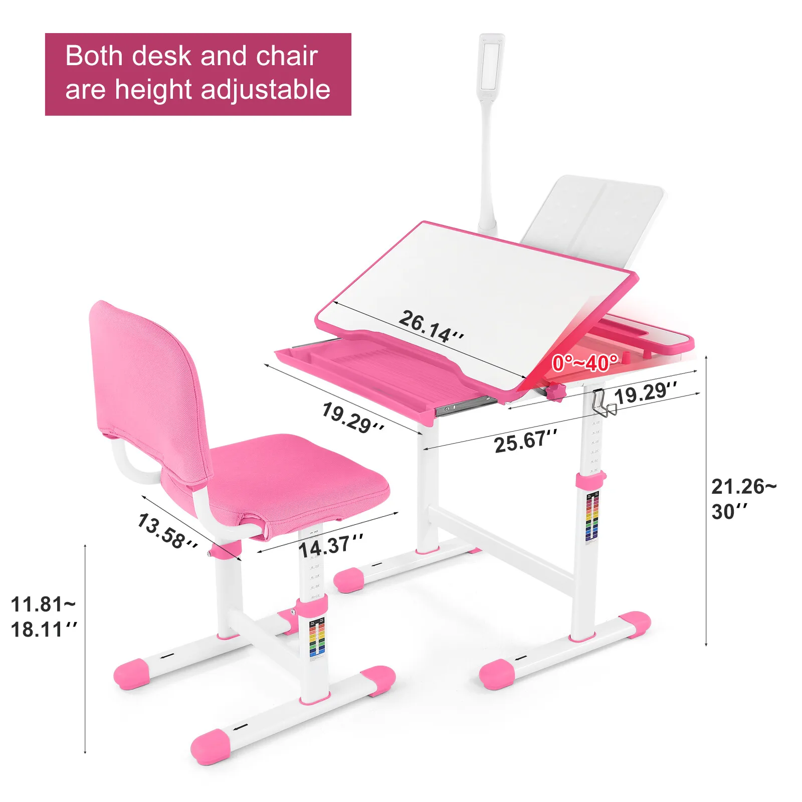 Pink Kids Desk Chair Set Height Adjustable Study Table w/Lamp,Drawer,Chair Cover
