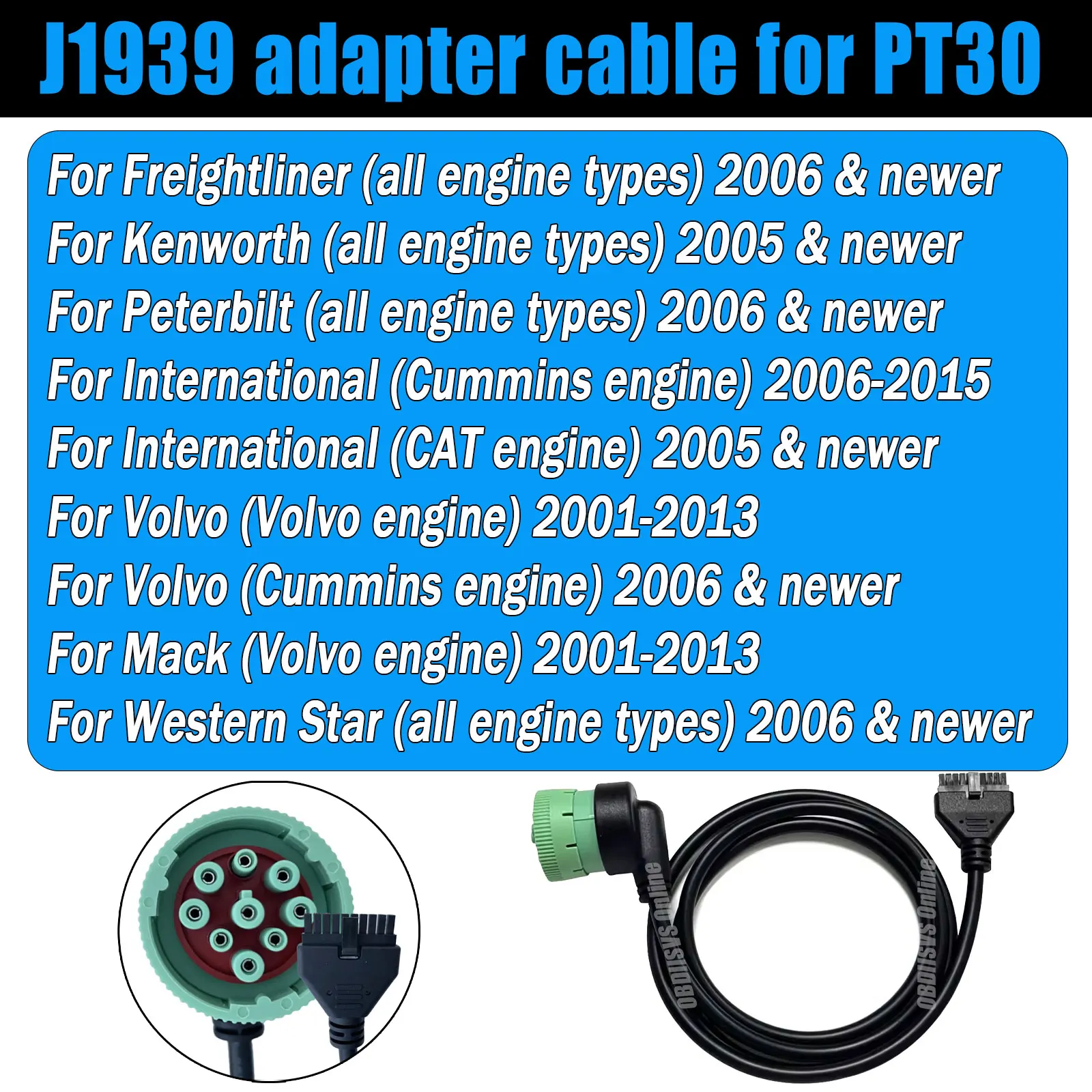 9Pin to 10Pin J1939 Cable for PT30 ELD Logbook Compliant ECM w/DOT compatible for Freighliner/Kenworth Truck Diagnostic Cable