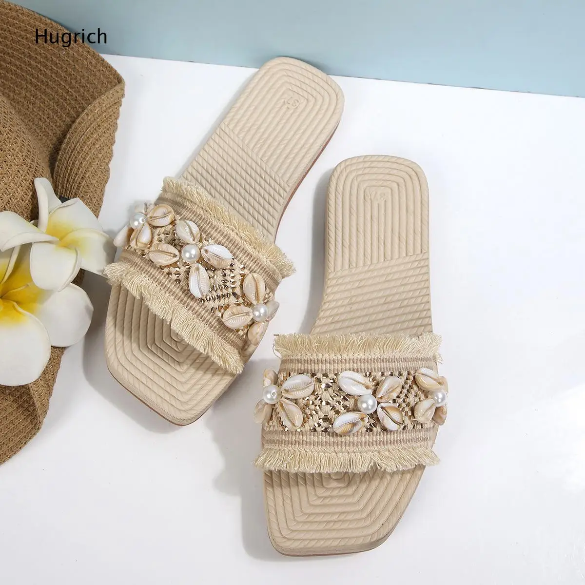 Women Beige Boho Shell Pearl Decor Slide Sandals Fringe Edge Single Band Square Toe Flat Summer Beach Slippers