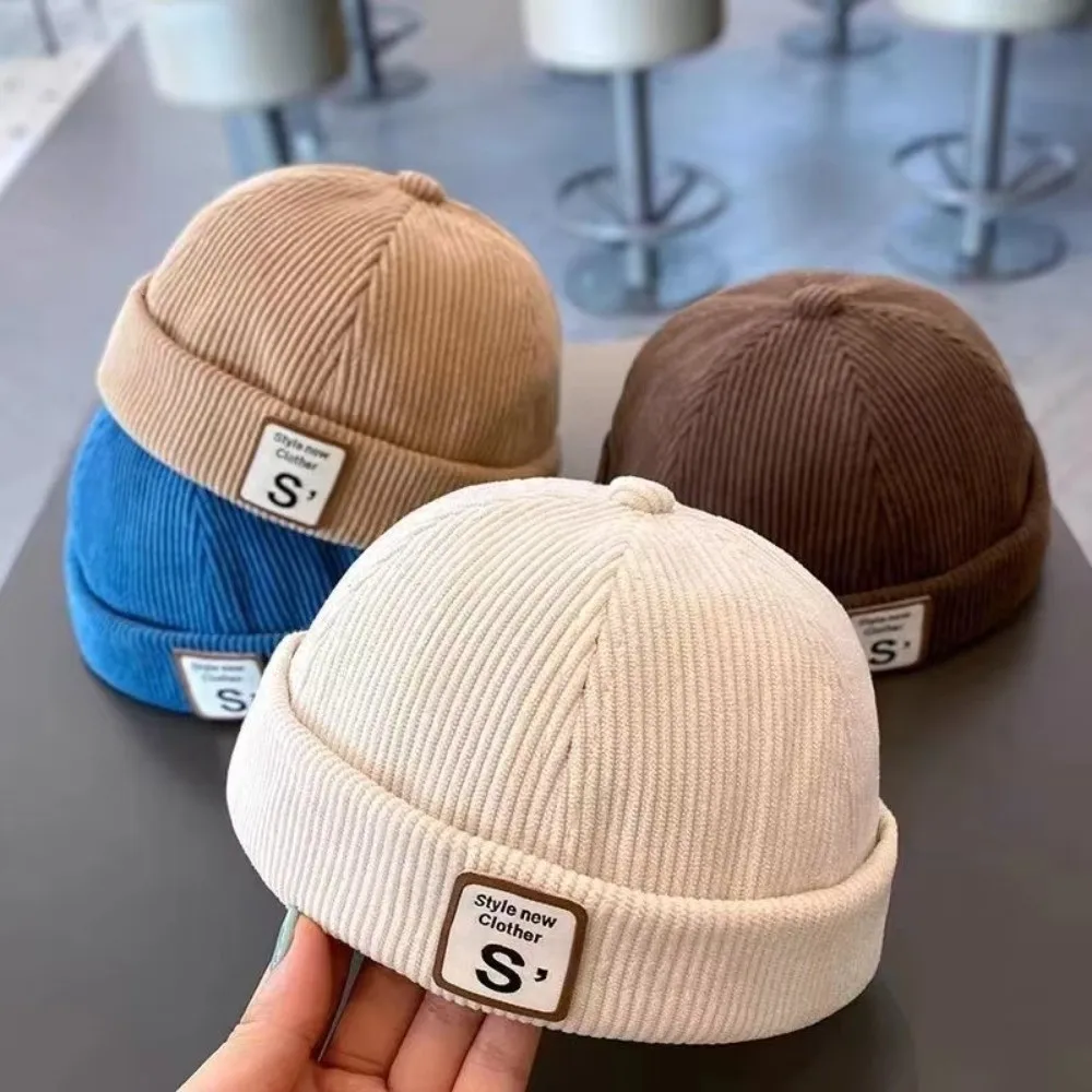

Fashion Corduroy Baby Hat Vintage Solid Color Brimless Hat Letter Embroidered Adjustable Melon Hat Autumn