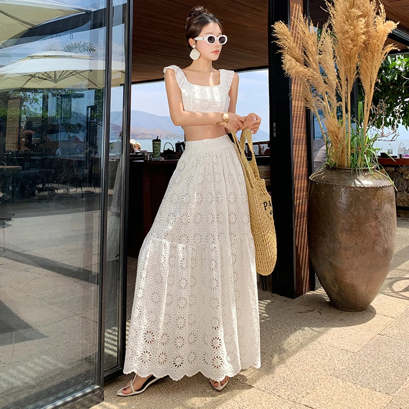 

In Stock Real Shot Lace French Style Two-Piece Dress High-Grade Small Elegant White Top Skirt