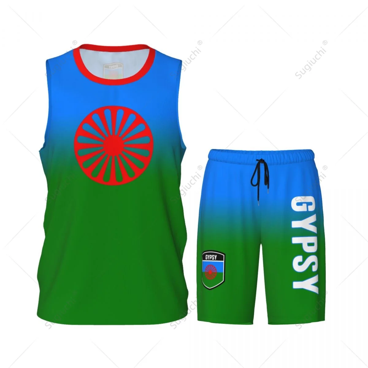 Conjunto de camiseta y pantalones de baloncesto para hombre, camiseta y pantalones de malla sin mangas, con nombre personalizado, de la bandera gitana, Unisex