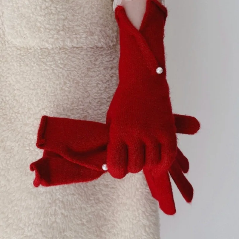 Women Winter Knitted Gloves Fashion Slit Design Pearl Detail Elasticity Elegant Light Soft Not Bloated Keep Warm Touch Screen
