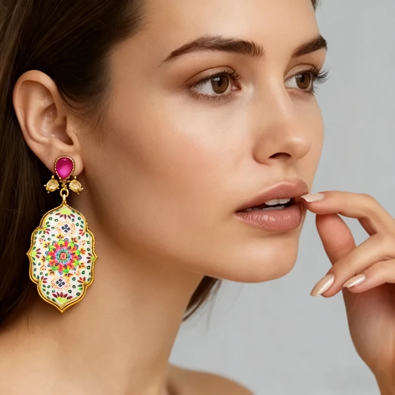 القرون الوسطى خمر ماندالا أقراط العتيقة مطلية بالذهب النفط اللوحة زهرة أقراط للنساء مجوهرات