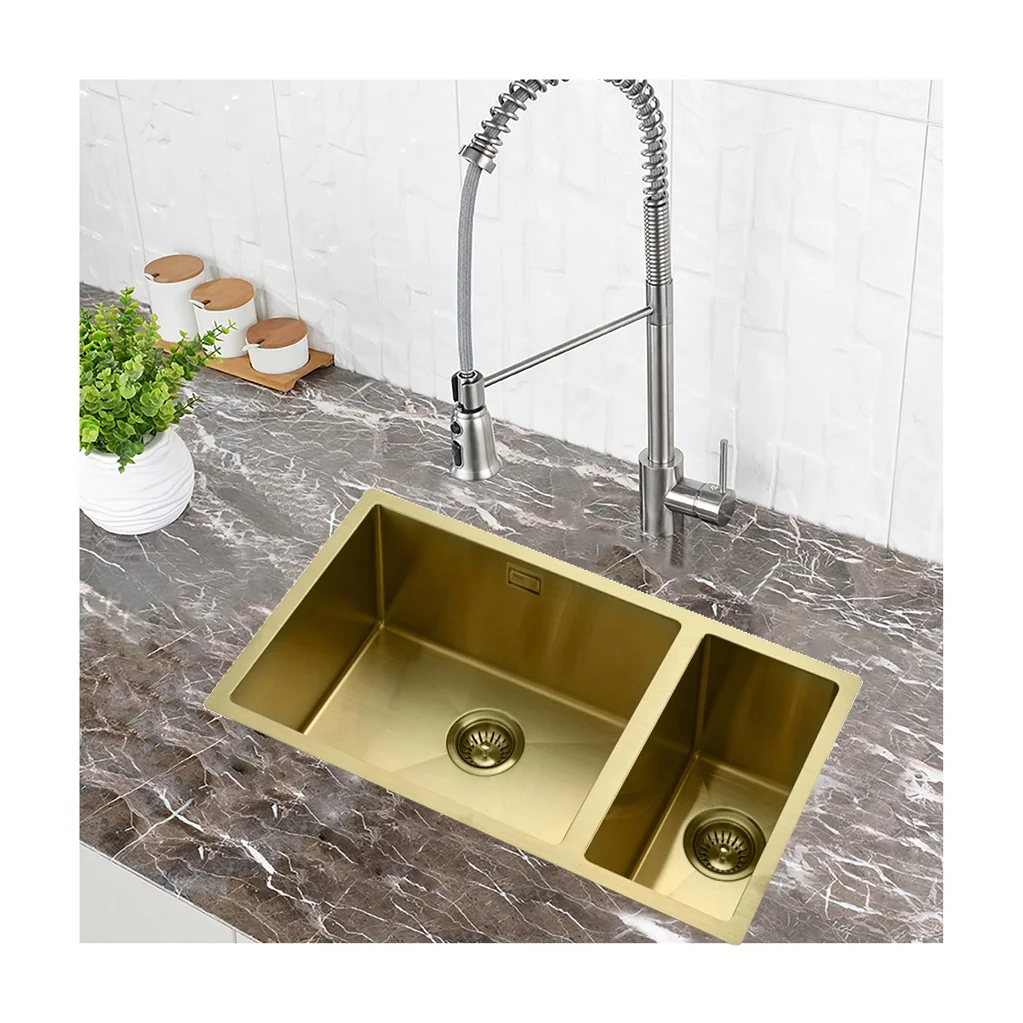 

Custom Luxury Gold Brushed Undermount Stainless Steel Double Bowl Sink With Storage Basin