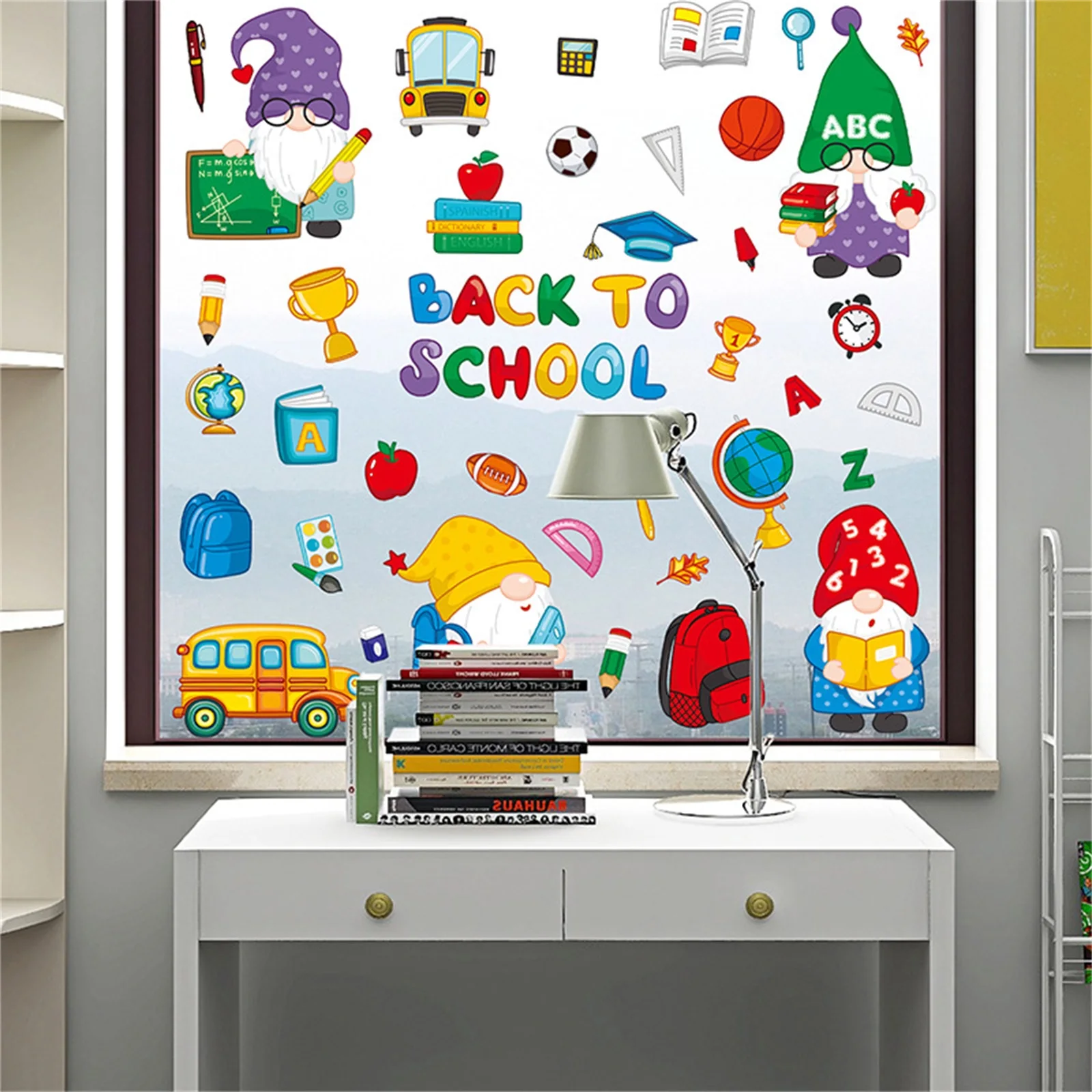 Back to School Static Stickers Cute Gnome Cartoon Window Cling Removable Glass Door Decals for Kids Classroom Decoration