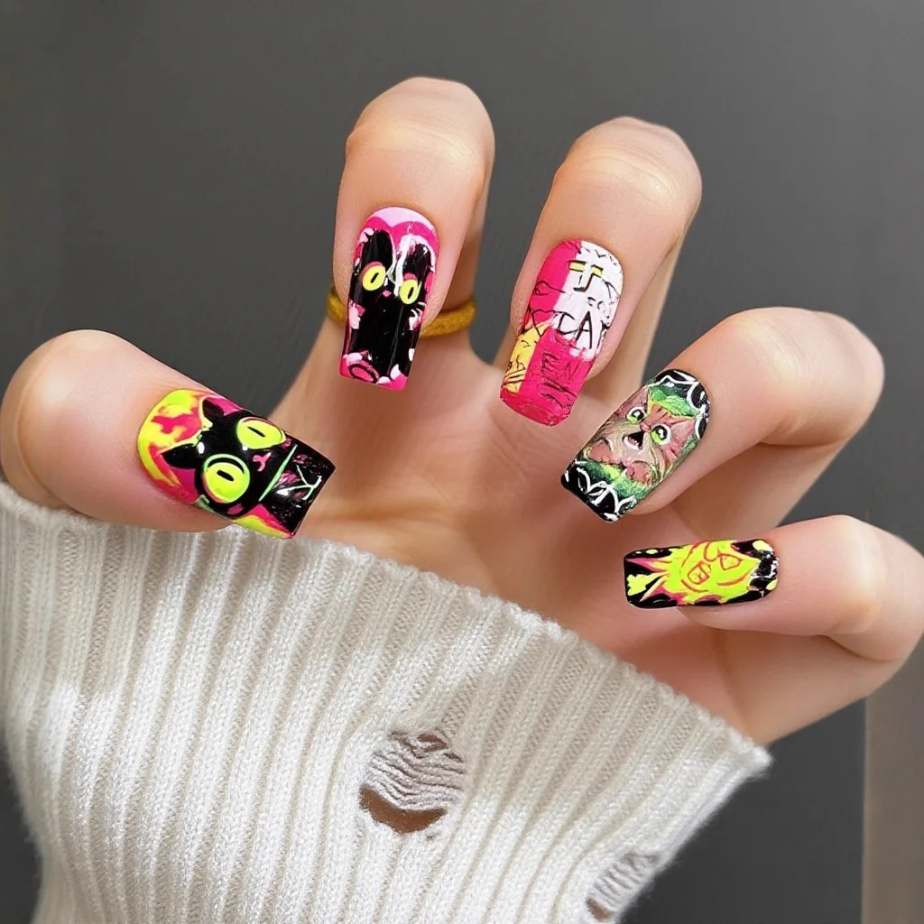 

24PCS Square Trapezoid False Nails Patch Dopamine Graffiti Pen Design Wearable Manicure Fresh Manicure Press on Nails for Women