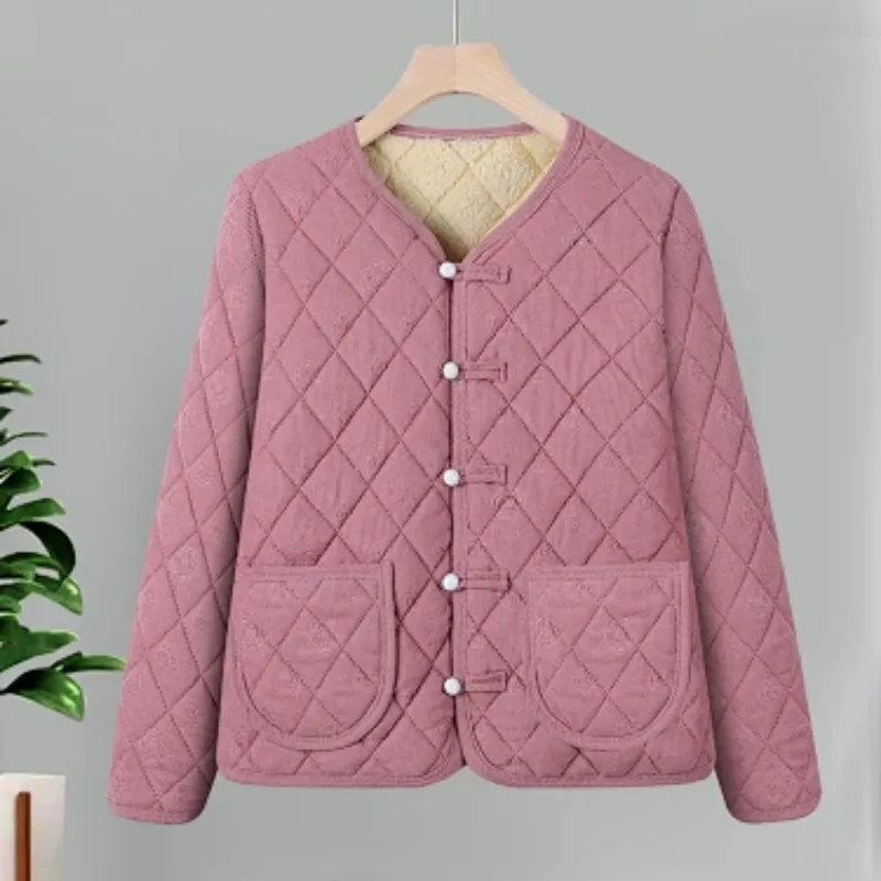 Womens Elderly Corduroy Padded Coat Autumn Winter Solid Fleece Lined Warm Casual Mother Outerwear