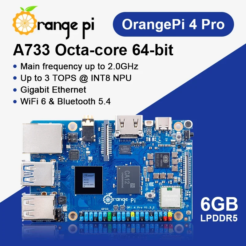 VoltSOrange Pi 4 Pro 6GB LPDDR5 Allwinner A733 Chip 3Tops NPU Wi-Fi6.0+BT5.4 Development Board