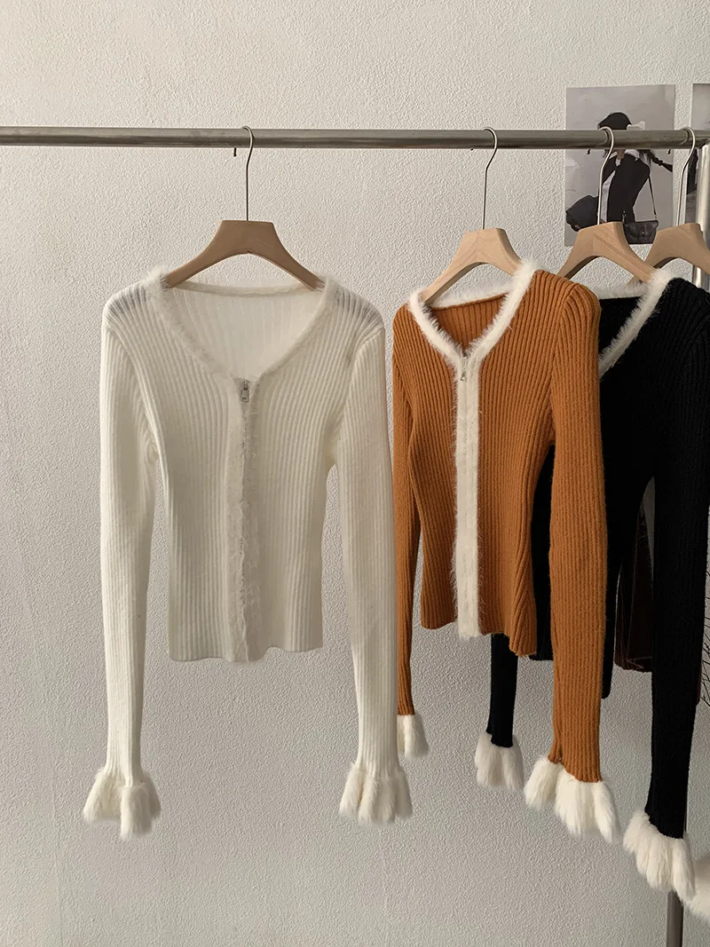 شيك تقسم طويلة الأكمام المرأة تريكو 2025 الخريف المرأة الخامس الرقبة سليم صالح سترة مشغولة من الصوف تنوعا الرجعية سستة سترة #4