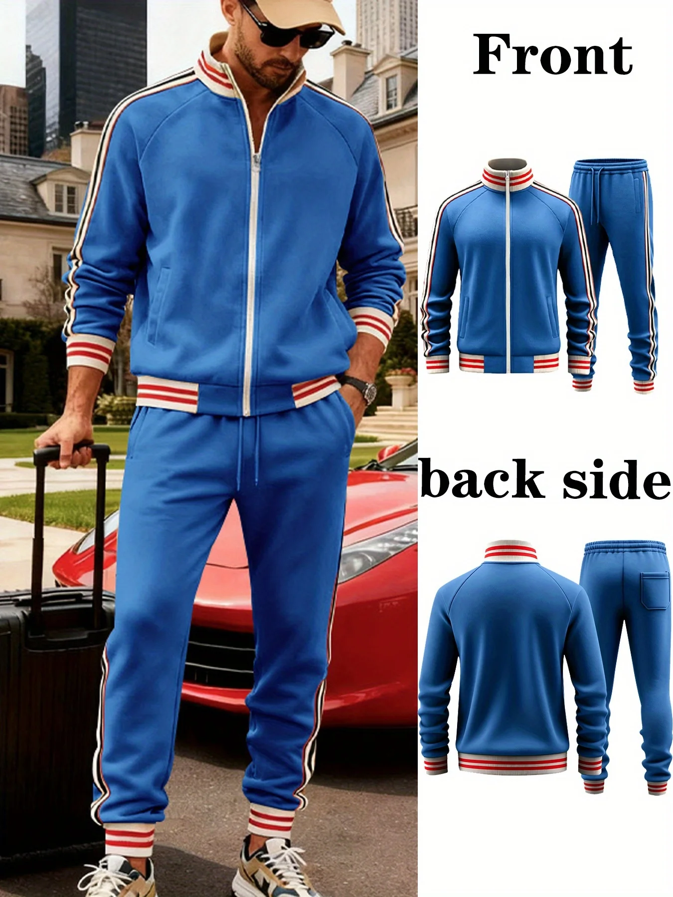 

Men'S Stylish Striped Athletic Jacket and Jogger Set - Full-Zip Long Sleeve Casual Stand Collar Lightweight Fleece-Lined Perfect