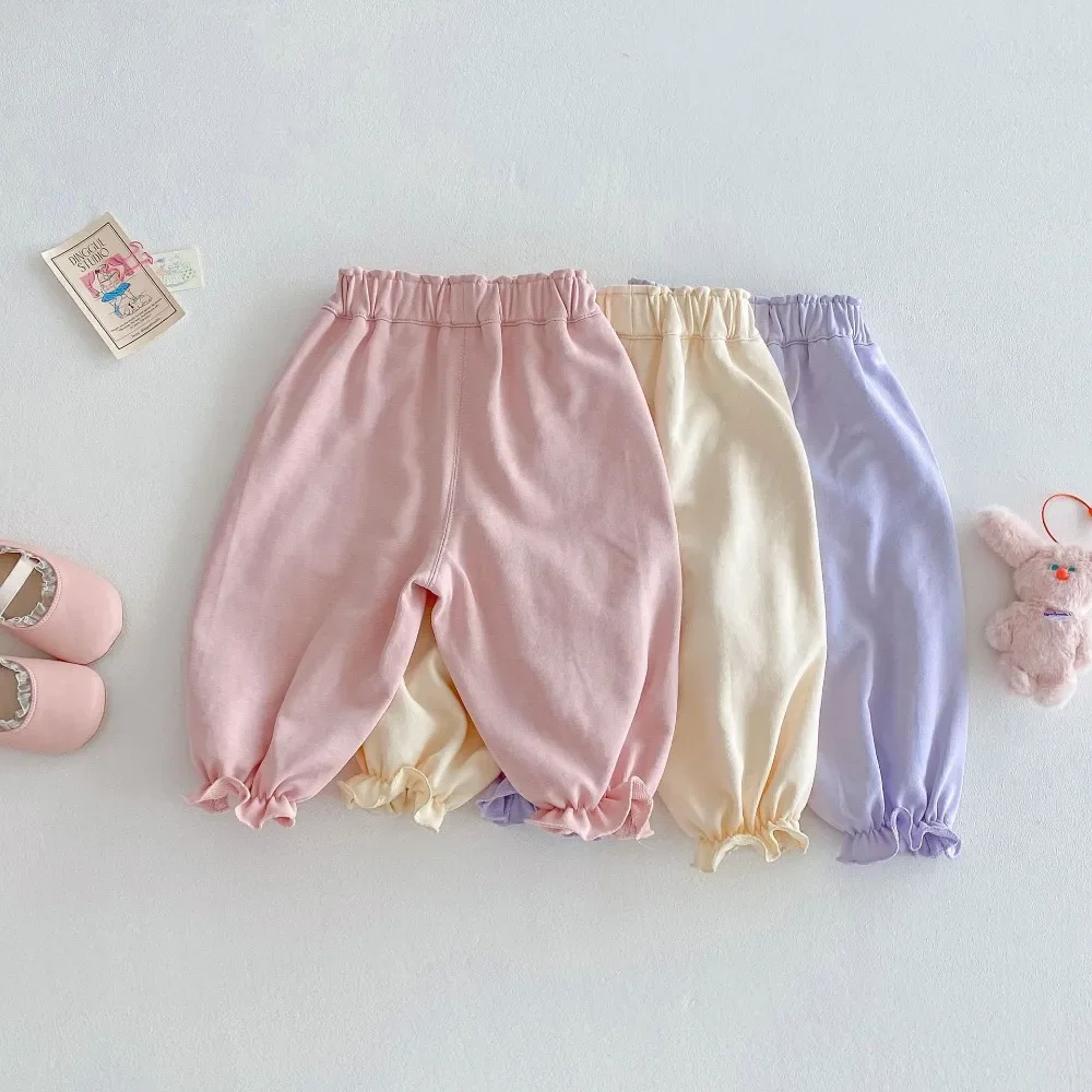 Korea Jogger Bottom Spring Clothes Cute Toddler Kids Girl Pant 0-5Years Children Elastic Waist Solic Color Bow Lantern Trousers