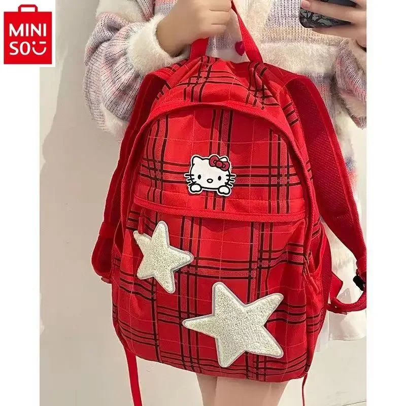 MINISO-Sac à Dos Rétro à Col en Denim pour Étudiant, Sacoche Polyvalente de Grande Capacité, à la Mode, Hello Kitty