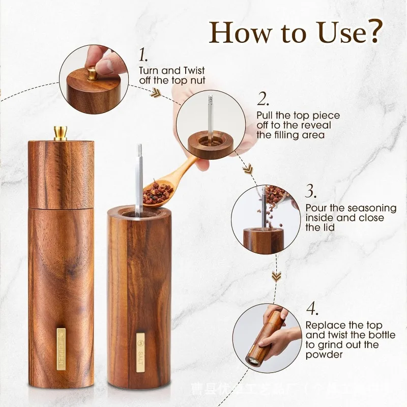 Manual Wooden Pepper Grinder Mill with Adjustable Coarseness for Kitchen Salt and Spice Grinding